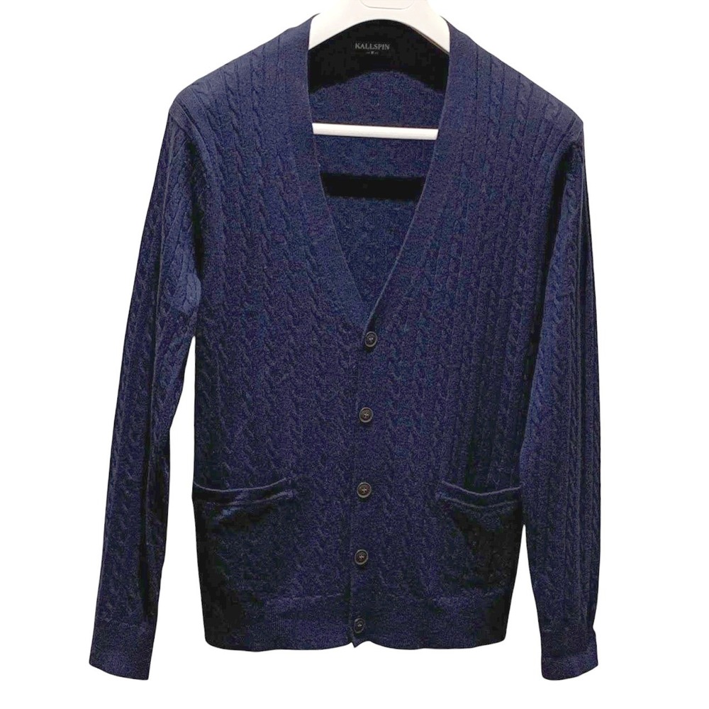Kallspin Mens M Cable Knit Cardigan Navy Wool Blend V Neck Fisherman Layering